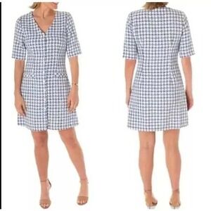 Melonie Women's Blue White Gingham Tweed Button Country Club Preppy Mini Dress 6